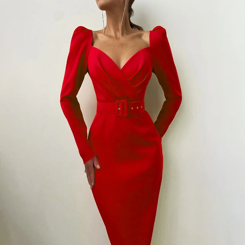 
Elegant Party Women Dress Mid Calf Pencil Dress Puff Sleeve Sheath Dress Slim V Neck Long Sleeve Office Lady Solid Casual Formal 