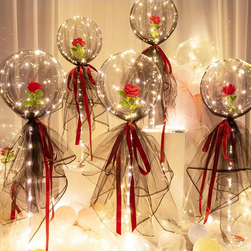 Fashion Rose Bouquet Transparent Ball Valentines Day Gift Birthday Party Wedding Decoration Led Luminous Bobo Balloons