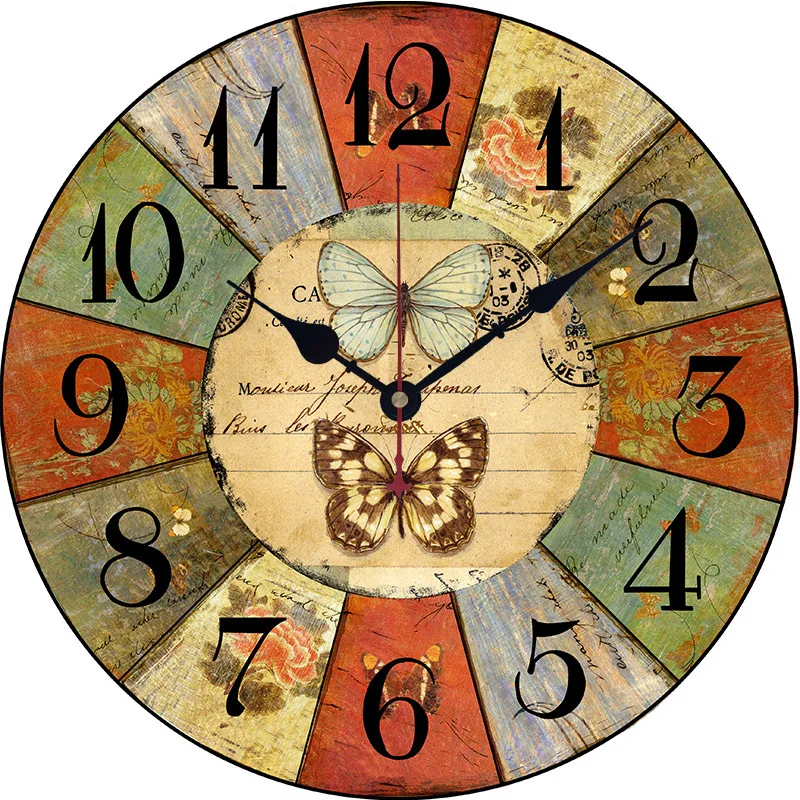 
 Европейские и американские модные деревянные винтажные настенные часы 30 см/34 см серии Butterfly, несколько вариантов, оптовая продажа с фабрики  