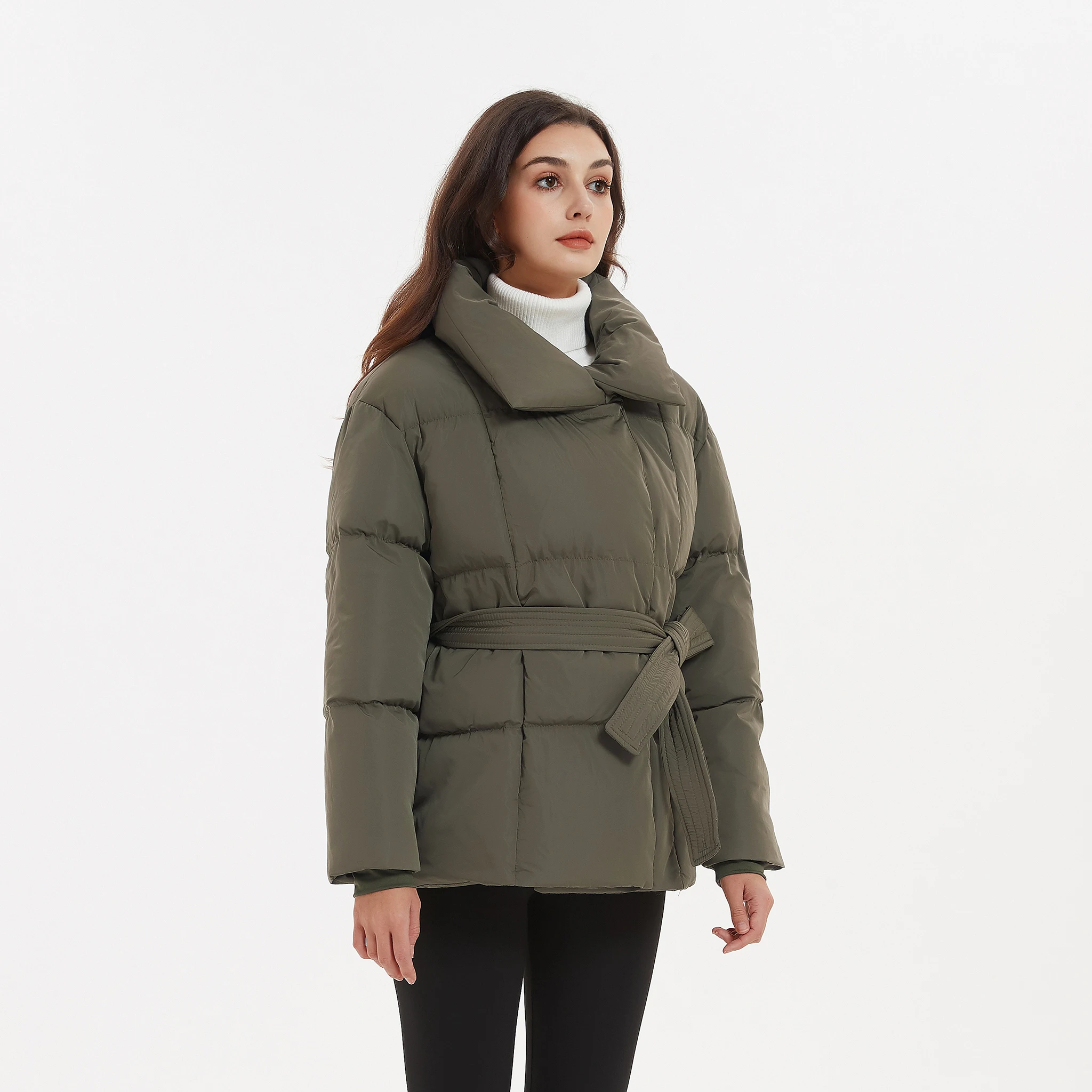 Winter Stand Collar Parkas Women Fashion Tie Waist Short Coats Women Elegant New Solid Puffer Jackets Female Ladies