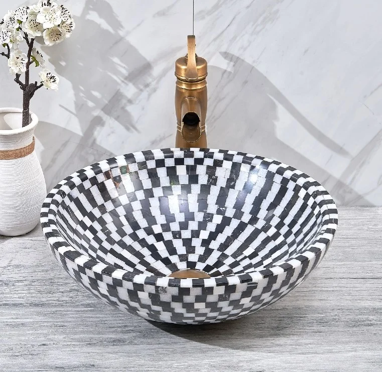 Black and White Stone Mosaic Bathroom Basin