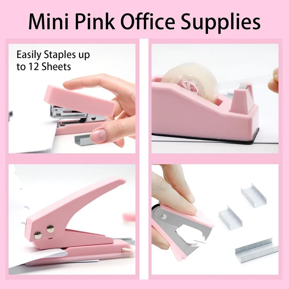 Pink Desk Accessories Staple Remover Paper Clips Scissor And Stapler Tape Dispenser Set For Students