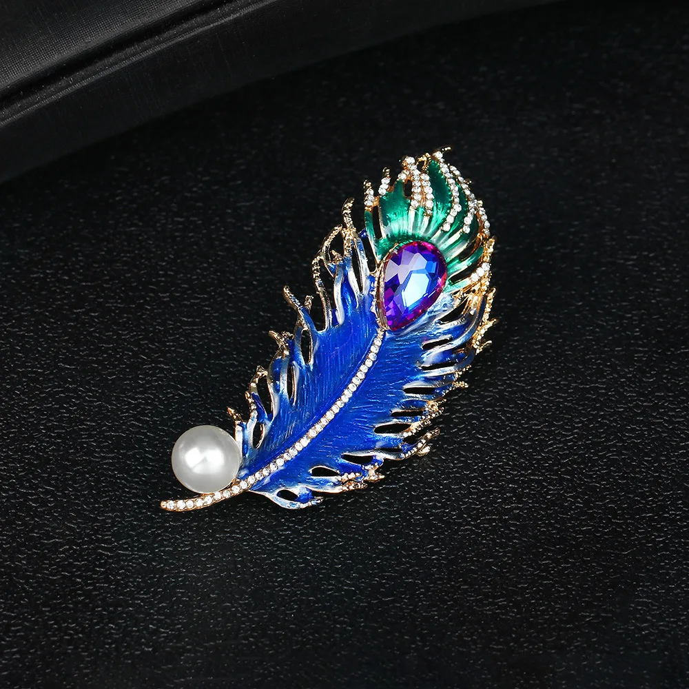 Vintage Peacock Feather Brooches Pins Blue Oil Drip Enamel Peafowl Plumage Brooch Garment Accessory