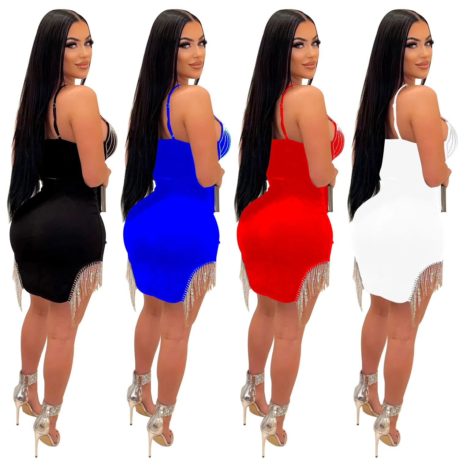 X1238 -  fashion rhinestone fringe spaghetti sleeveless camisole and mini skirt 2 piece set women clothing