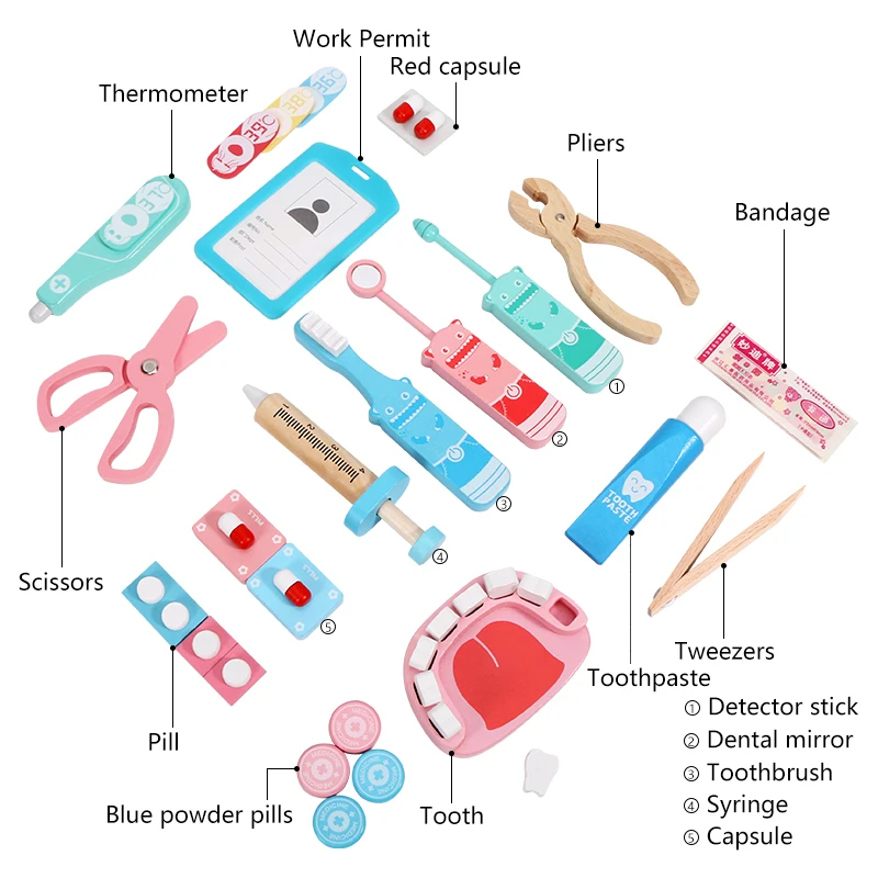 Wooden Pretend Play Doctor Educational Toys for Children Medical Simulation Medicine Chest Set for Kids Role Playing Pretend Toy