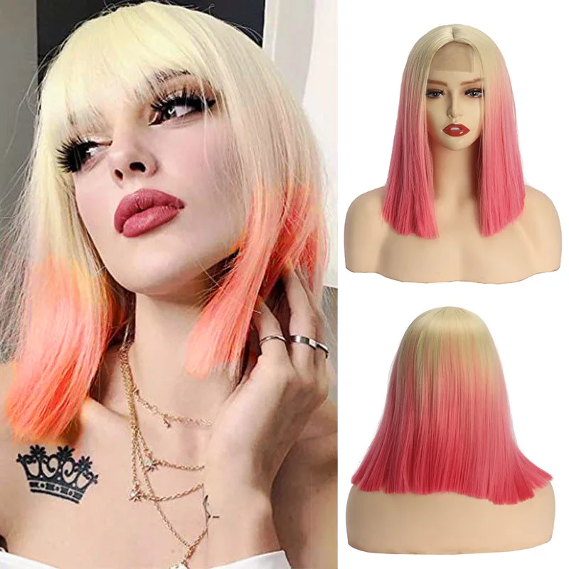 Hair before Lace Wigs Gradient Pink Wigs Female Chemical Fiber Full Head Cover Hot European and American Short Straight 14inch