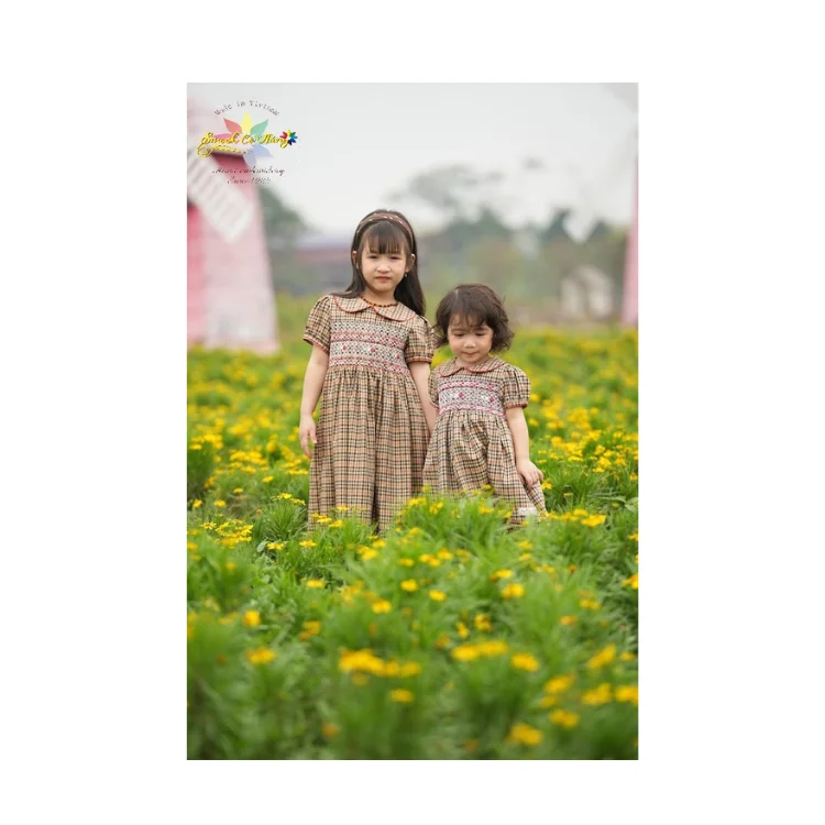 Western Brown Plaid Smock Dress For Baby Girl Fast Delivery Top Favorite Product Birthday Dress Fancy Pattern