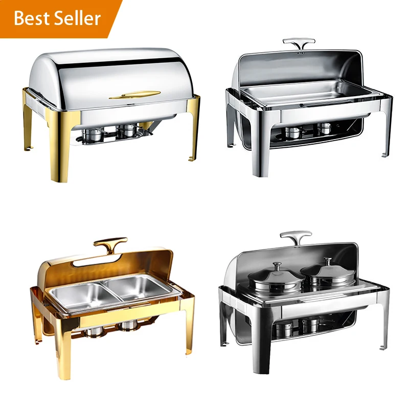 Factory Stainless Steel Buffet Food Warmer Hotel Restaurant Round Rectangle Roll Top Gold Chafing Dish Buffet Set