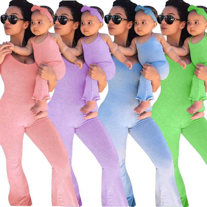2021 mother and daughter clothes summer blue casual one piece jumpsuit mommy me family matching
