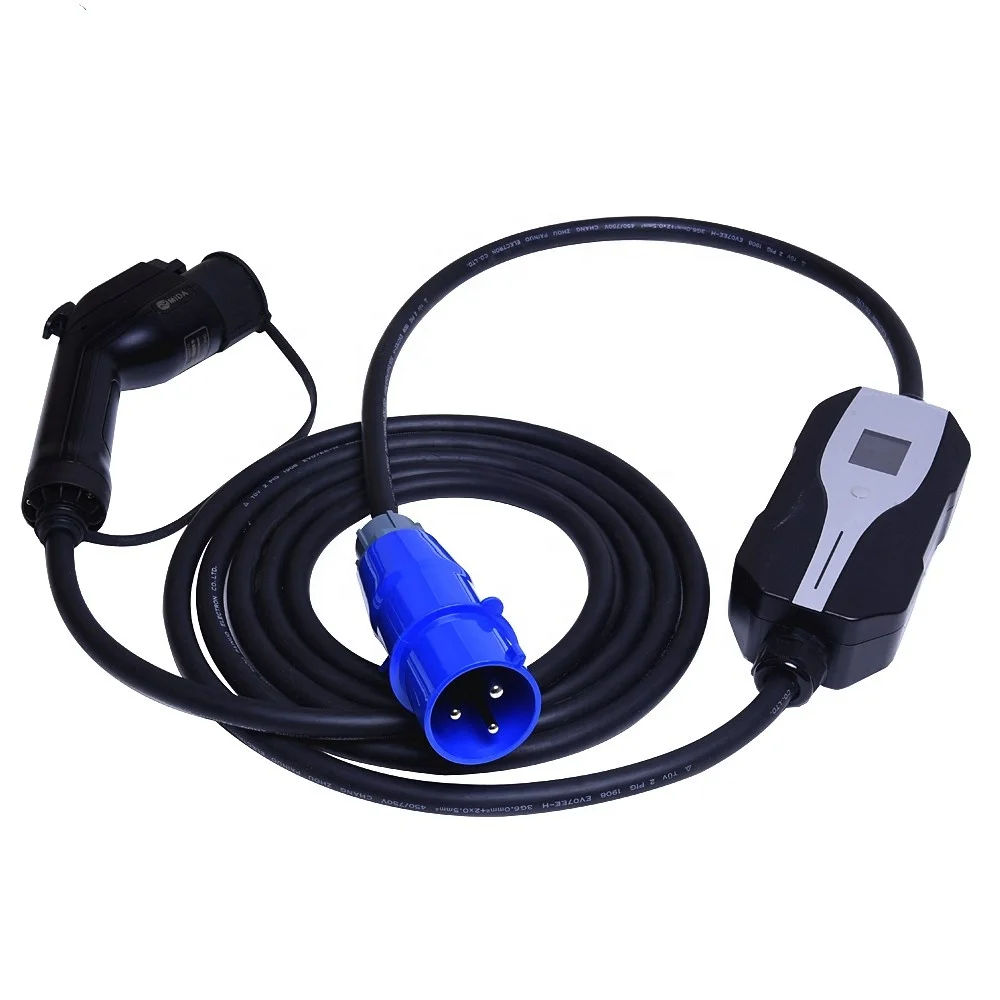 Adjustable Portable EV Charger 10A to 32A Type 1/Type 2 Blue CEE EVSE Plug