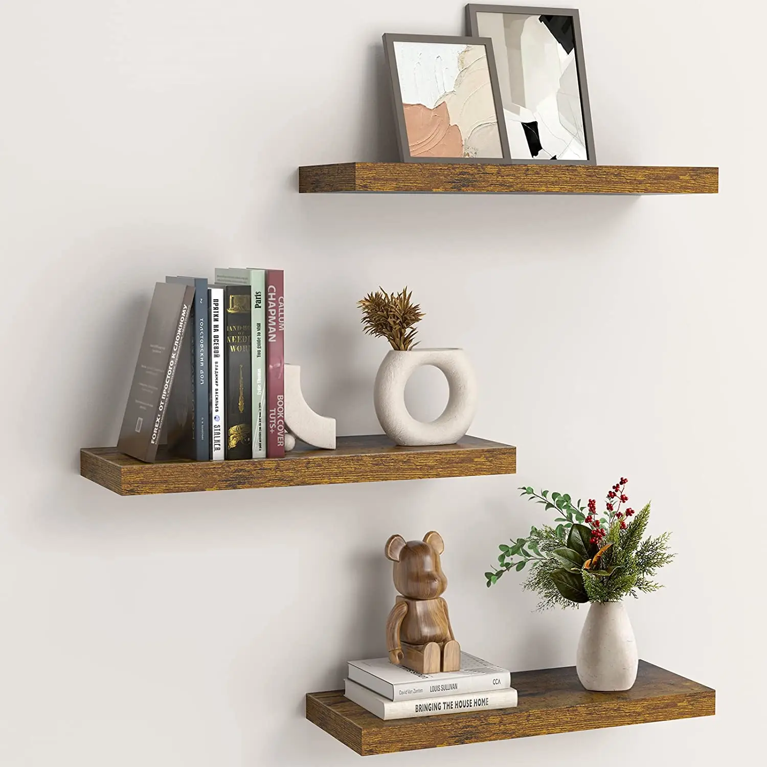 Floating Shelves Wall Mounted Shelf For Bathroom Bedroom Farmhouse Decor Shelf with Invisible Brackets Set of 3, Rustic Brown