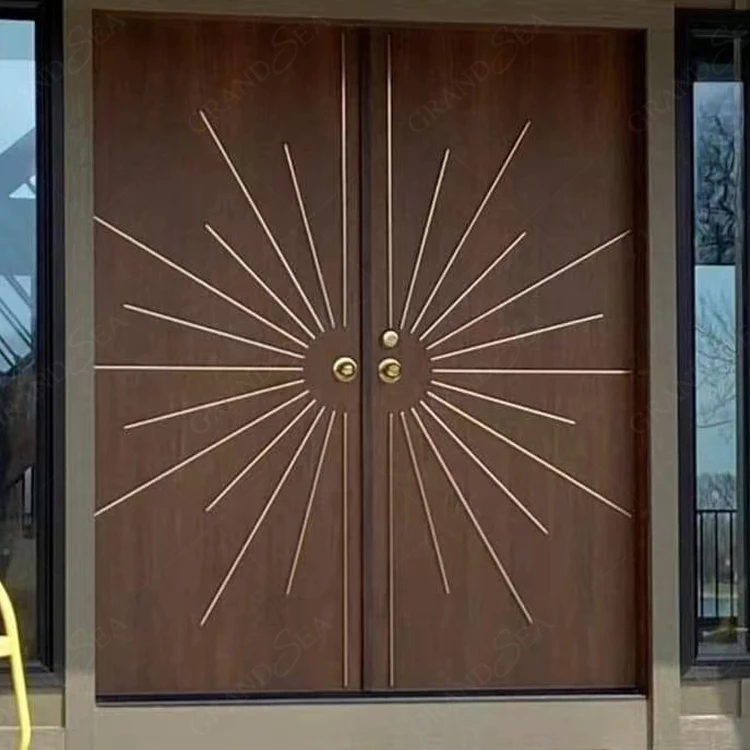 Роскошный Дизайн внешние водонепроницаемые американские твердые дубовые двойные резные деревянные двери дизайн с золотыми