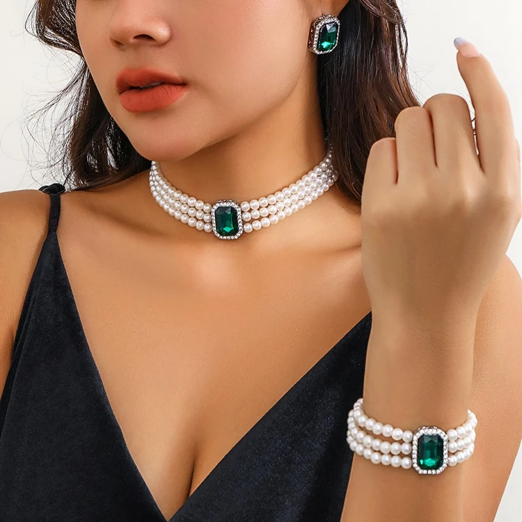 XR-166 Fashion Women Ear Hand Neck Jewelry  Bracelet Earrings And Necklace Crystal Diamond Pearl Jewelry Kit