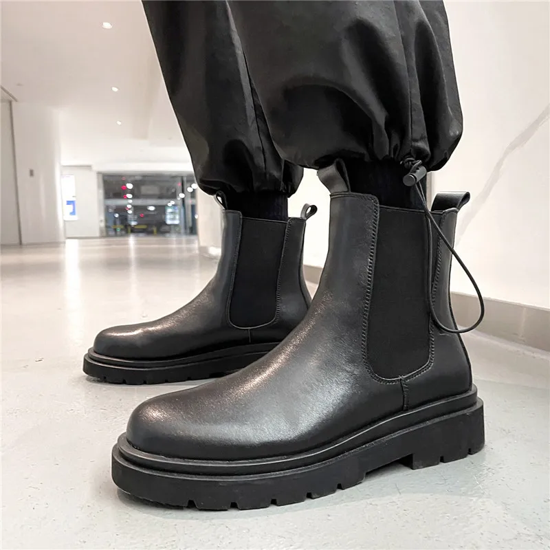 PDEP classic black working boots leather slip on work boots for men chunky heel leather men boots