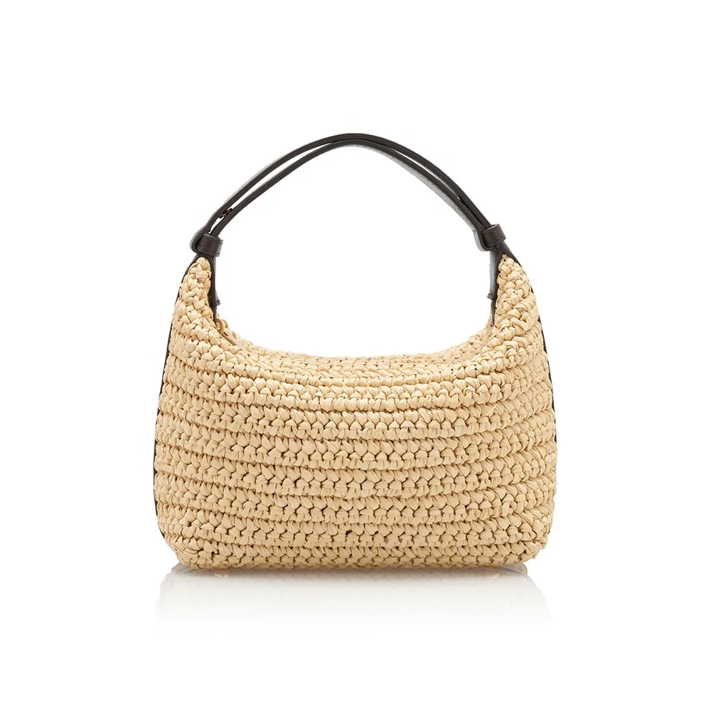 2024 Full Custom Raffia Crochet Shoulder Bag With Leather Handle Handbag Luxury Mini Eco-friendly Rattan Weaving Purse for Women