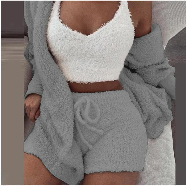 
Fashion Women Winter Sleepwear Pajama Sets Solid Plush Hooded Vest Robe Shorts Sleepwear 