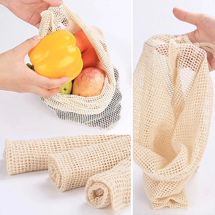custom biodegradable eco friendly organic cotton reusable mesh produce bags set for fruits and vegetables, bolsas para verduras