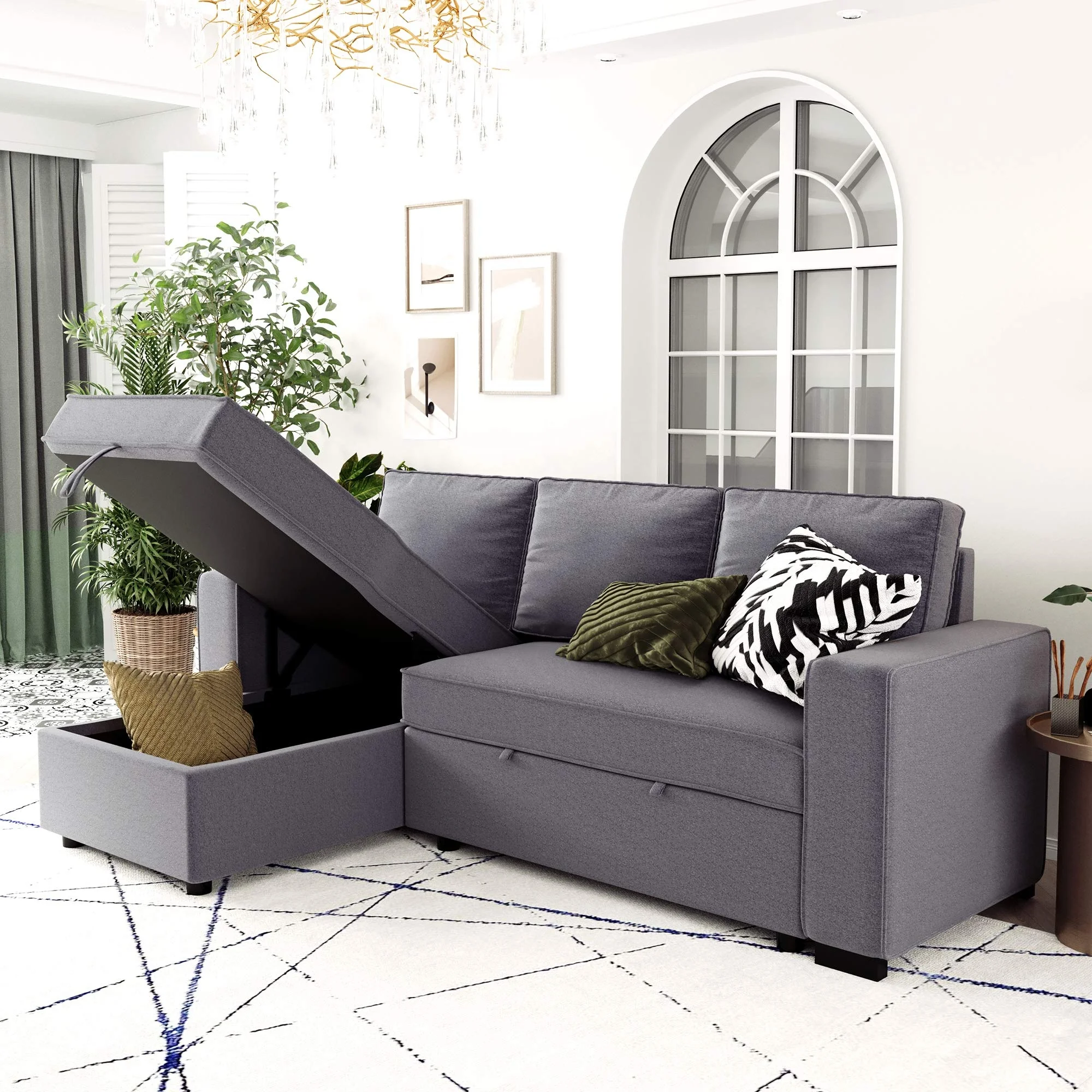 classic upholstery dark grey fabric foldable convertible corner l bedroom living room sofa cum bed with storage Ottoman box