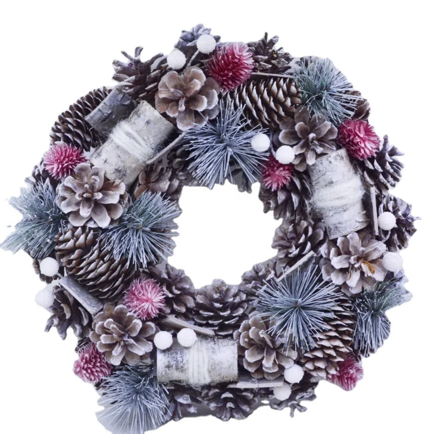 2021 wholesale Christmas Wreath wash white pinecone with bark roll grass ndoor and outdoor decoration