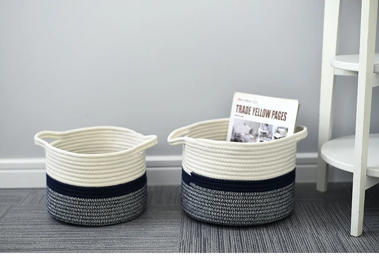 Dirty clothes basket free sample  jute yellow color round cotton woven storage basket for bedding room with  elegant handles