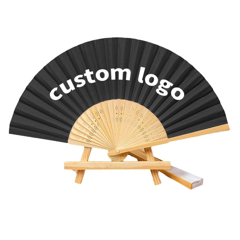 Custom High Quality Printed Silk Logo Folding Personalized Black Bamboo Hand Held Fan For Printed Fans