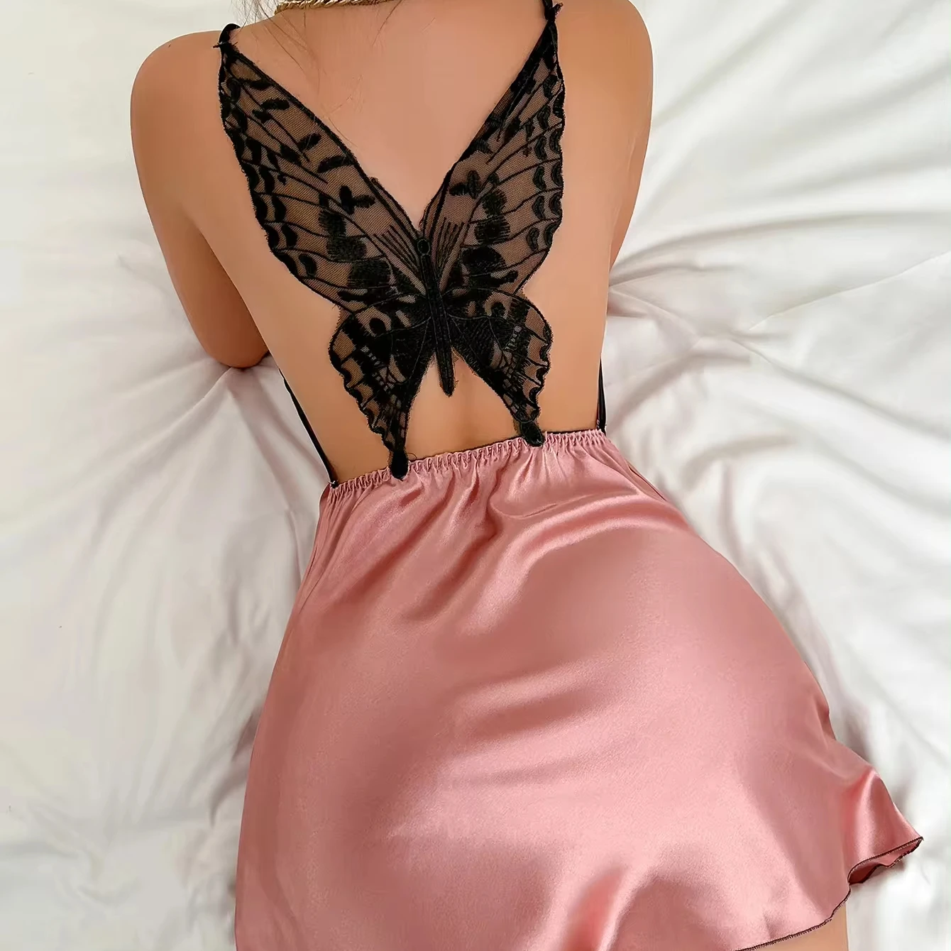 SFY-Y930 Wholesale Ladies Sexy Silk Halters Pajamas Beauty Back Butterfly Dress Solid Color-Nightgown Women Sexy Sleepwear