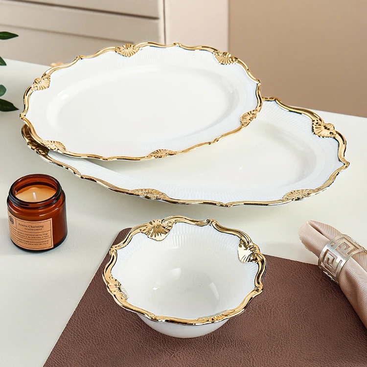 New Design Luxury White Gold Rim Ceramic Dinner Plates For Hotel Restaurant Wedding Party