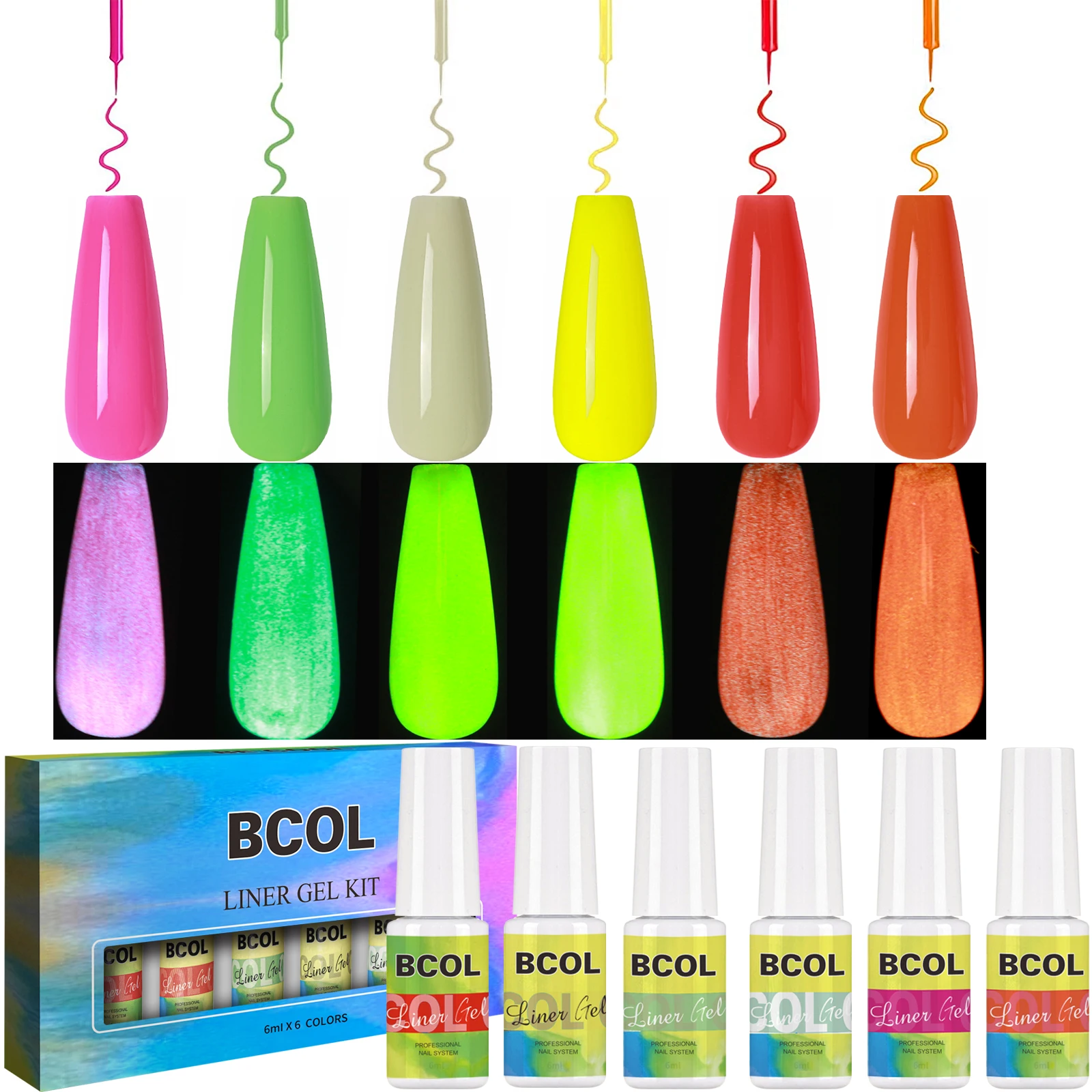 BCOL Wholesale New Design Gel Polish Kit For Nails OEM Luminous Liner Set Nail Art Painting 6pcs 6ml