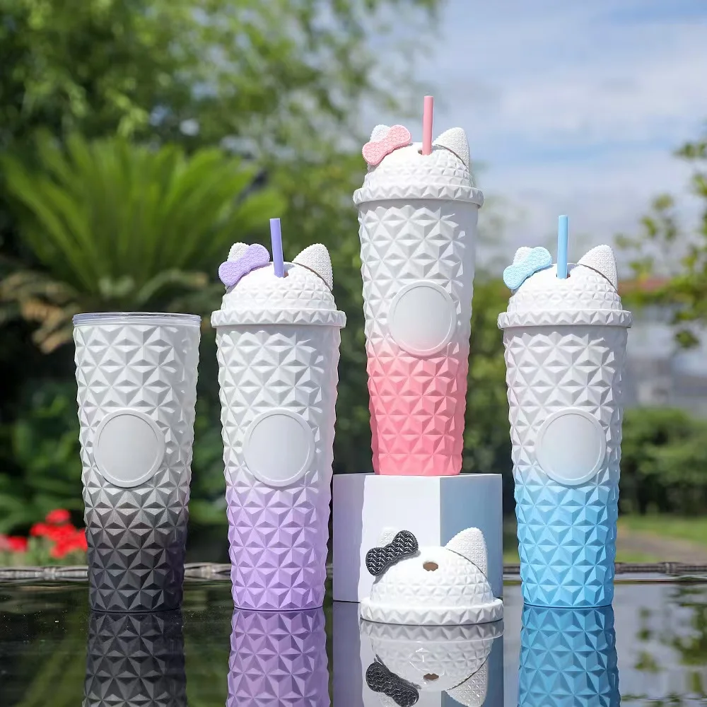 Botu Custom Logo 24oz Plastic Straw Cups Hello Kt Head Gradient Color Durian Water Cup Tableware Reusable Drink Cups With Lid