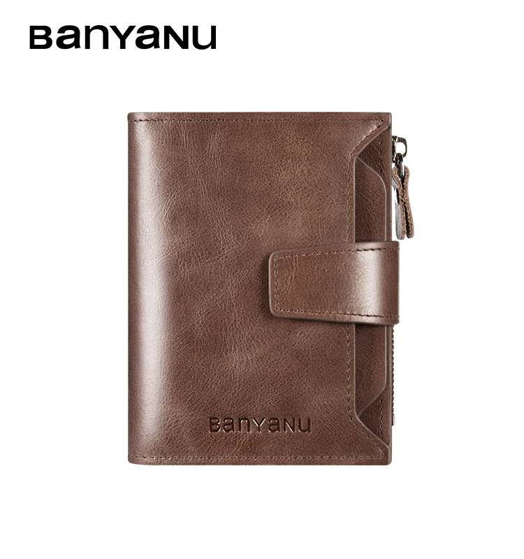 BANYANU fashion genuine leather RFID mens money clip wallet with zipper and hasp