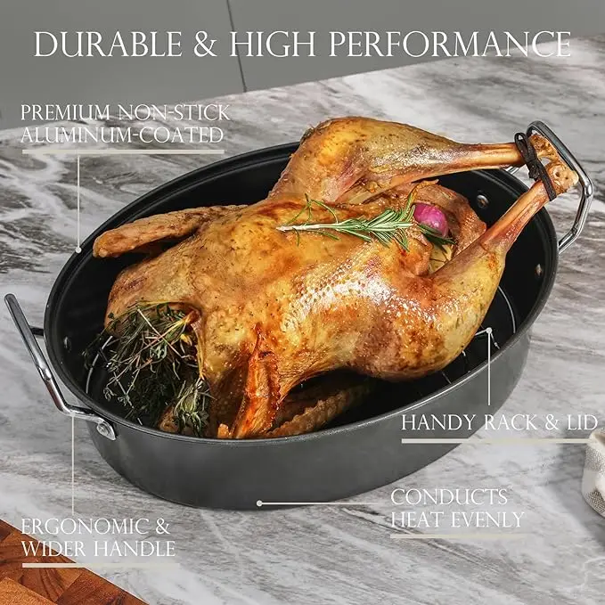 2024 Hot Extra Large Roasting Pan With Lid Non-Stick Turkey Roasting Pan With Rack Heavy Duty Oven-Safe Baking pan