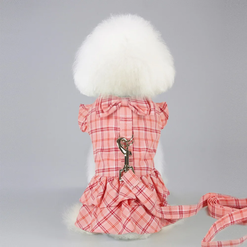 Factory wholesale custom LOGO and package bowknot button plaid pattern o-neck pet dog dress with D-ring and leash