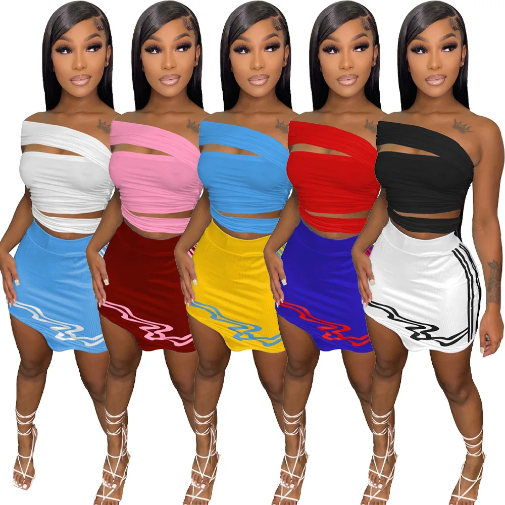 B22219 Wholesale Solid Crop Top Patchwork Skirt Sets Sexy New Design Clothes For Women Summer 2022