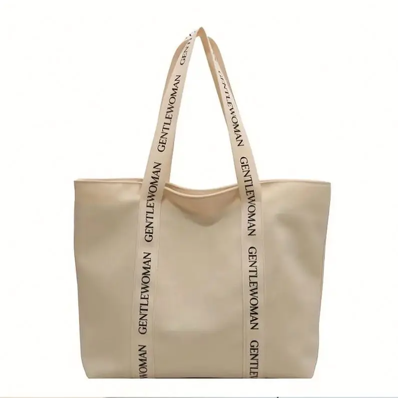 Simple Canvas Tote Bag Casual Large Capacity Style School Cotton Fabric Handbag Letter Strap Shoulder Shopping Bag For Going Out
