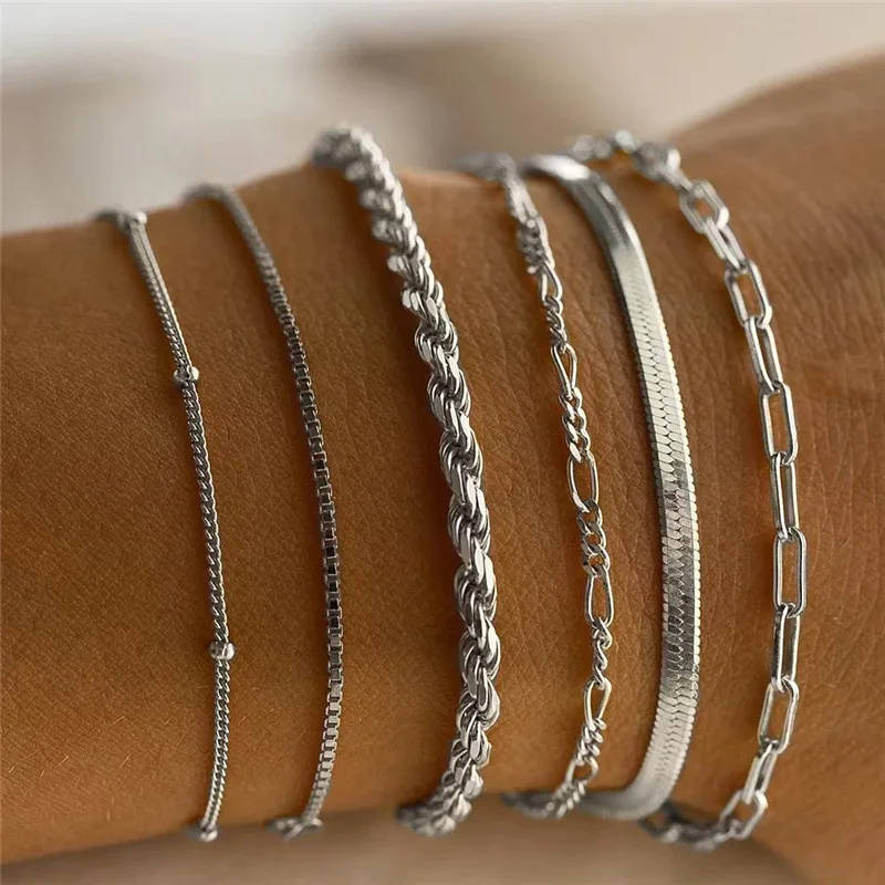 Fashion 6 Pcs/Set Gold Plated Snake Bone Chain Bracelet Set Bohemian Multi Layer Twist Rope Chain Bracelet Set