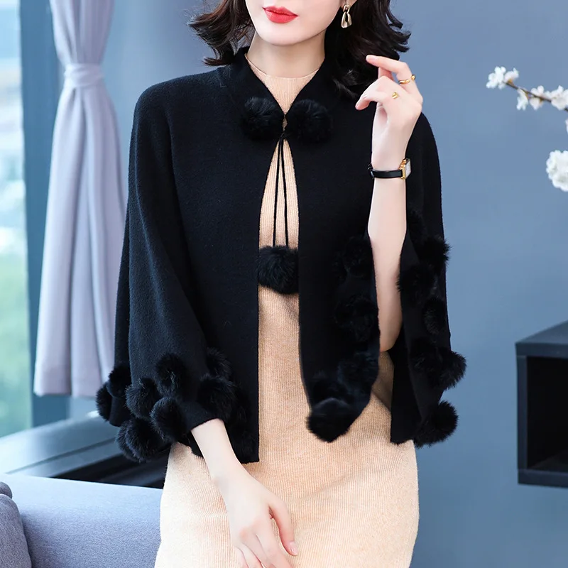 2024 Autumn and Winter New women mink fur ball cardigan cape shawls Wool ball solid color knitted cardigan cape