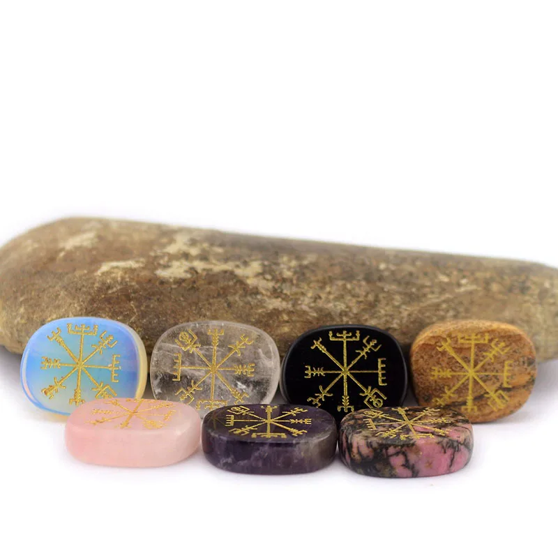 Viking Mars Rune Healing Crystals Rune Palm Stone Rose Quartz Carving Vegvisir Symbol Rune