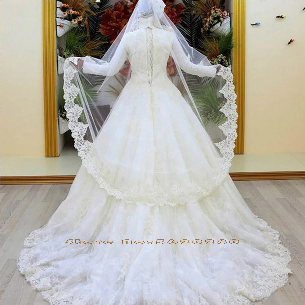 Appliques Lace Muslim Ball Gown Wedding Dresses With Picture Veil High Neck Long Sleeve Lace Up Wedding Gowns Plus Size