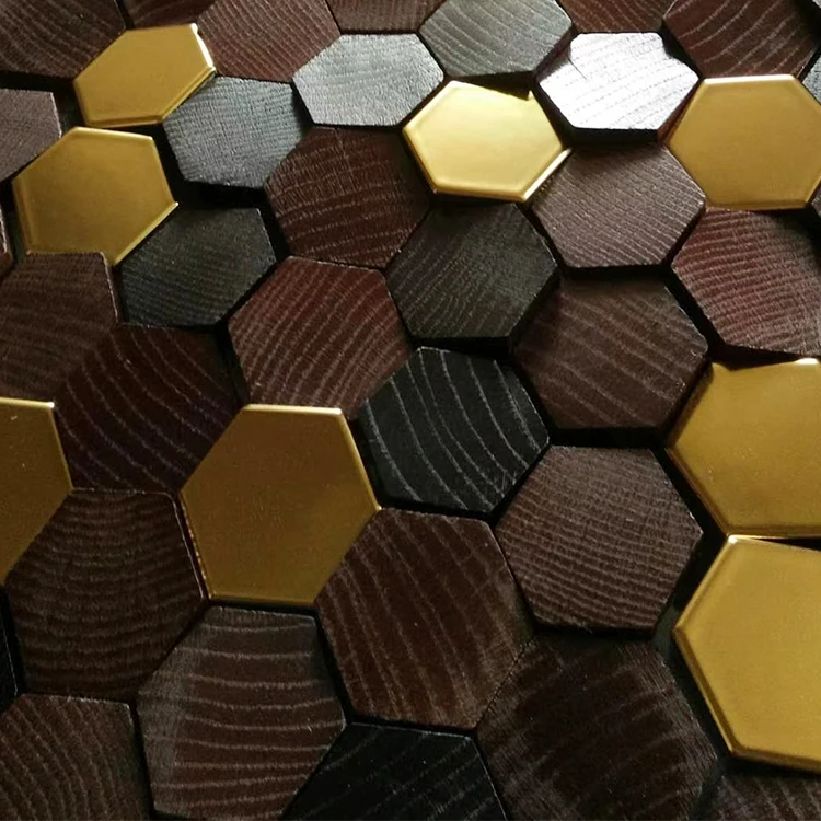 Hexagonal spliced colorful electroplated ceramic 3d wall panel interior solid oak wall panel