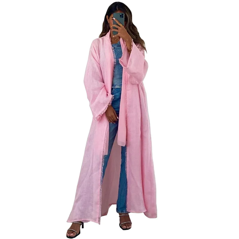 2024 new Middle Eastern solid color modest long skirt modern fashionable cotton and linen cardigan with European Muslim abaya