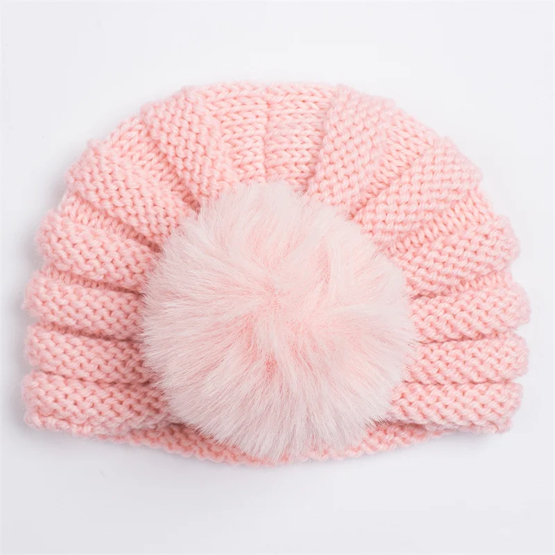 Wholesale Baby Girl Solid Color Knit Beanies Turban Hat with Fluffy Ball