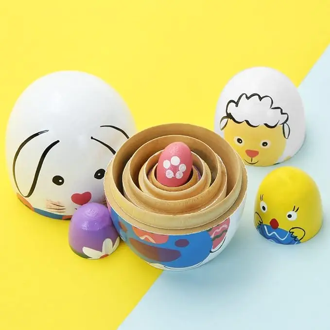 Set of 5 Hand-Painted Colorful Matryoshka Dolls Wooden Easter Egg Nesting Dolls