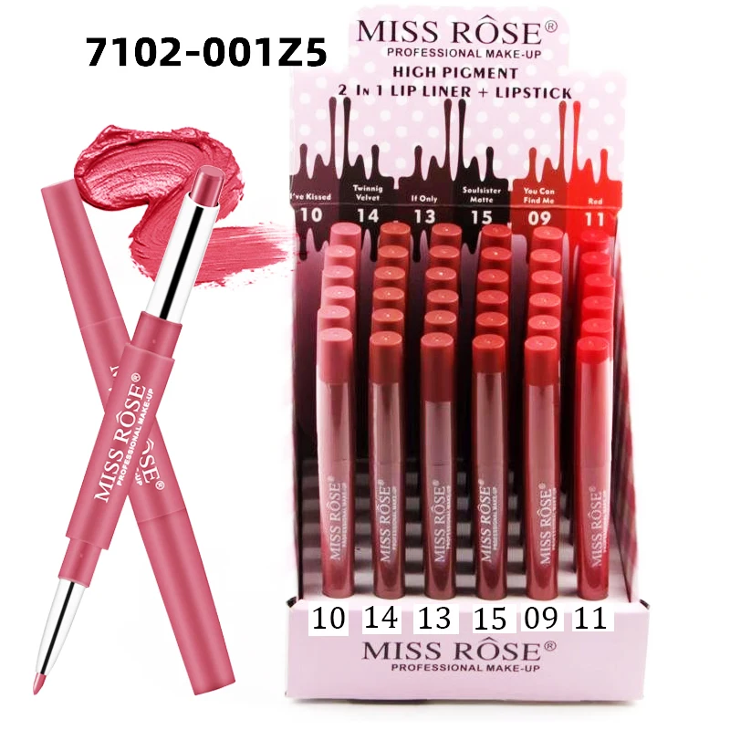 RTS 36 pieces High Pigment Miss Rose lipstick Organic red matte 2 in 1 lipstick vegan Lipstick with and Lip liner Cosmetic