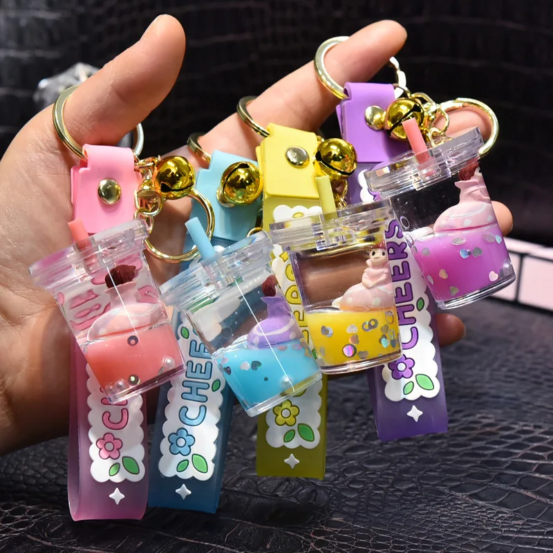 Acrylic Quicksand Floating Princess Key Chain Creative Milk Tea Cup Liquid Doll Keychain for Kids Bag Pendent Gift