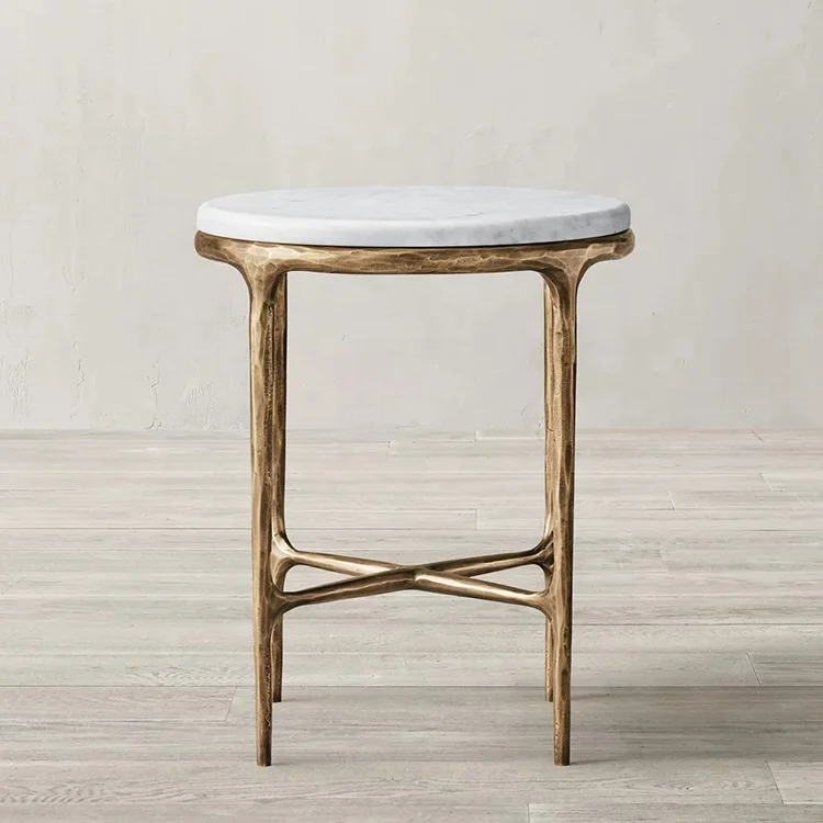 AIRFFY OEM/ODM Wholesale Natural Marble Hand Forged Metal Coffee Table Hammered Round Bed Side Table