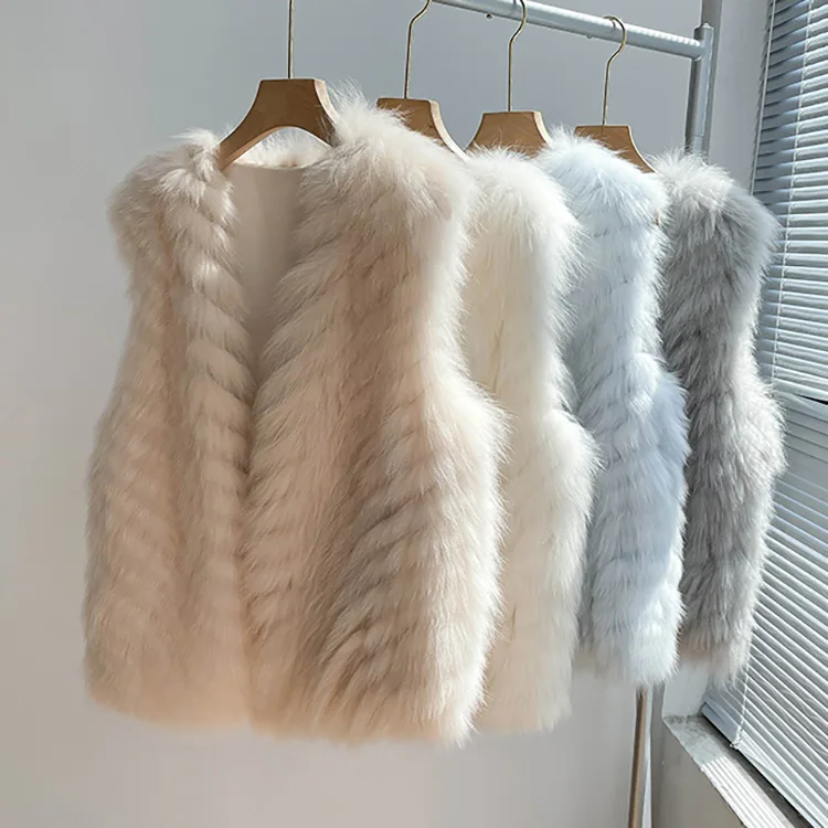 BINGKE spring 2024 women clothing white grey blue beige knit winter women fox fur vest for woman