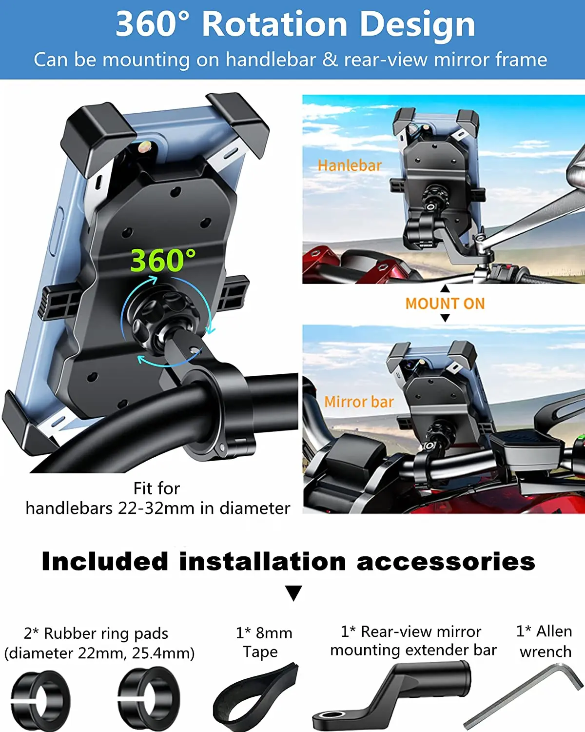 360 Degree Motor Bike Motorcycle Phone Holder with Wireless Charger Motorcycle Accessories Mobile Phone Holder With Charger