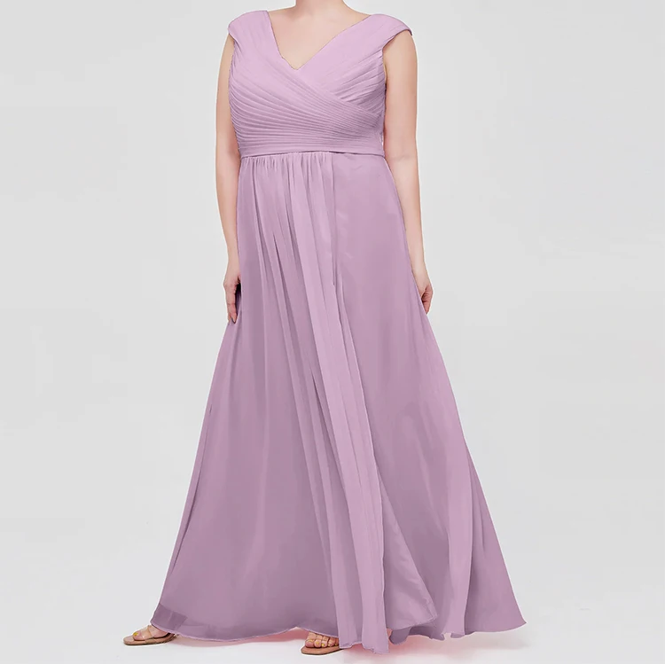 Elegant Sexy Wedding V Neck Floor-length Cap Sleeves Plus Size Chiffon Dresses Bridesmaid Gown for Fat Women