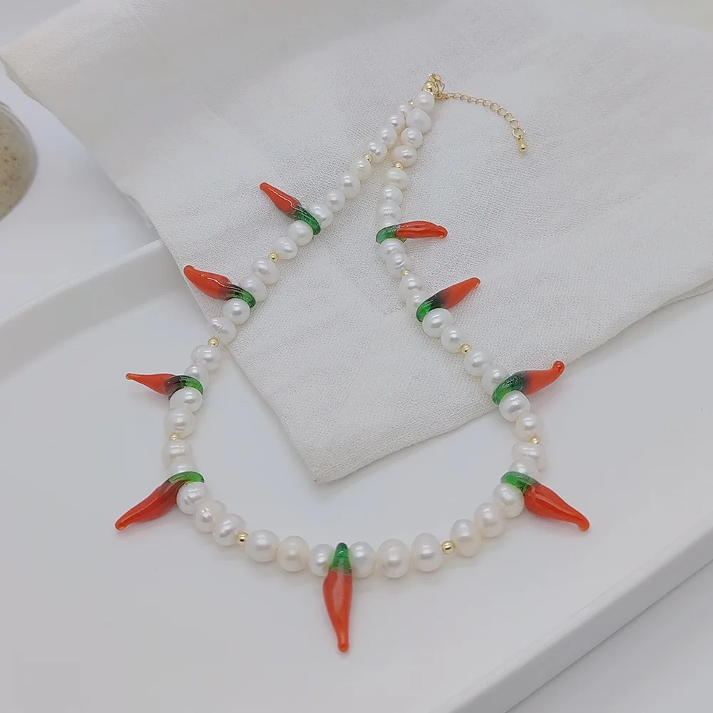 Innovative Design Chili Pepper Necklace Natural Freshwater Pearl Capsicum Handmade Beaded Necklace