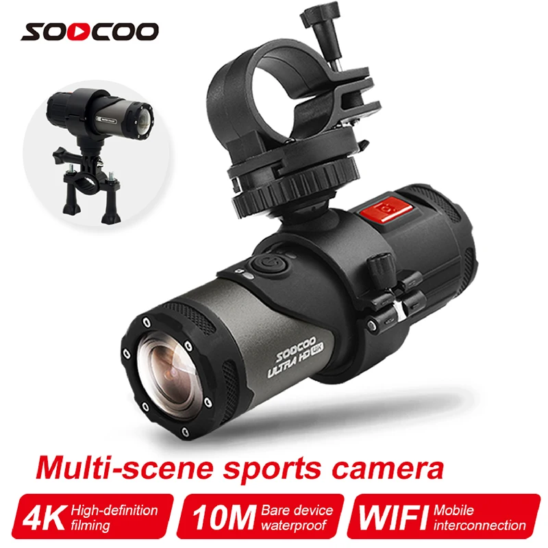 SOOCOO Waterproof 4K WiFi Action Camera Sports Black Bullet Cam 10x Optical Recording Water Resistant Bike Bicycle Bike Helmet